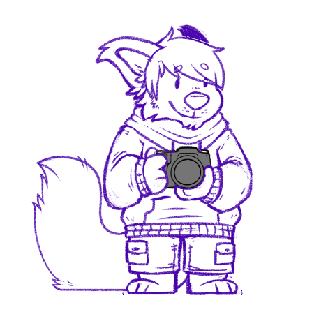 Work-in-progress line art of Rory, a red panda in a hoodie and cargo shorts, holding a DSLR camera